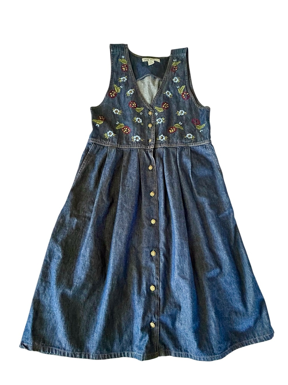 Jane Ashley Pinafore Blue Denim Midi Overall Dress Floral Embroidery Beading M